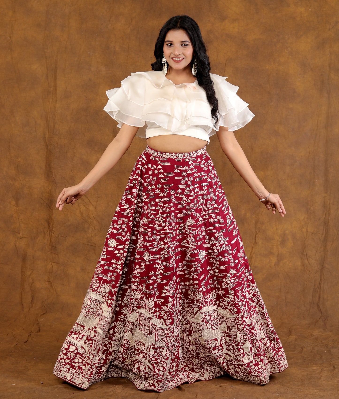 RED Lehnga with Ruffle Top