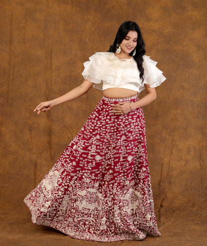 RED Lehnga with Ruffle Top