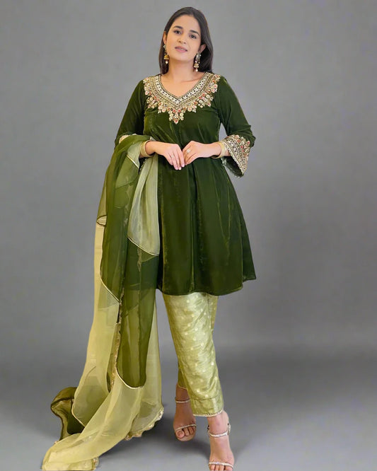 Velvet  Green Kurta