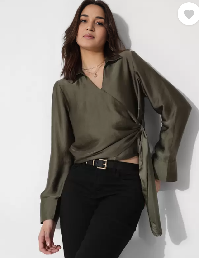 Cuffed Sleeves Solid Women Dark Green Top