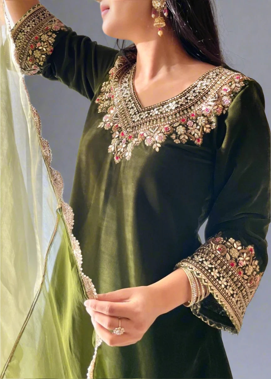 Velvet  Green Kurta