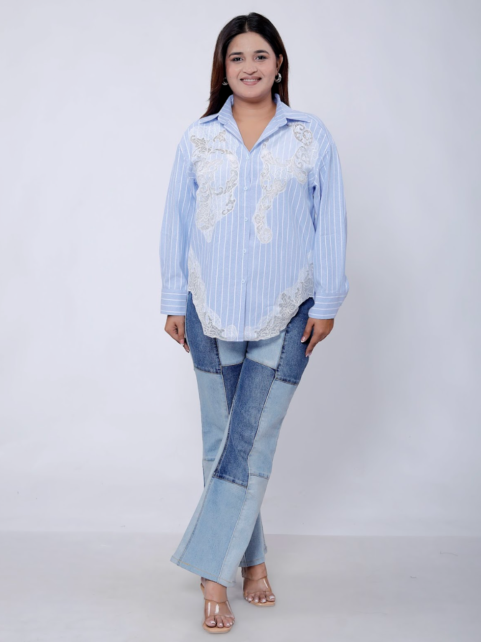 Lace Applique Striped Shirt