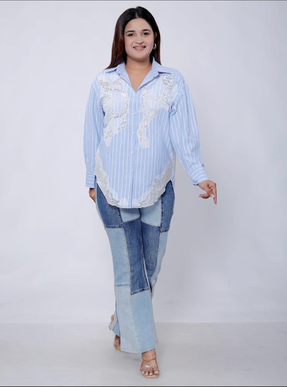 Lace Applique Striped Shirt