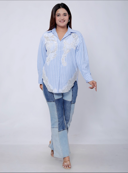 Lace Applique Striped Shirt