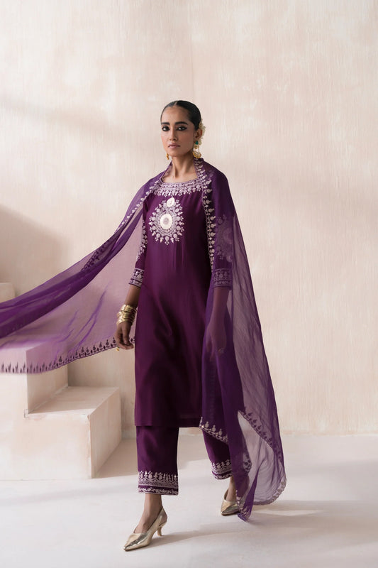 Chanderi Suit with Embroidered Pants and Dupatta