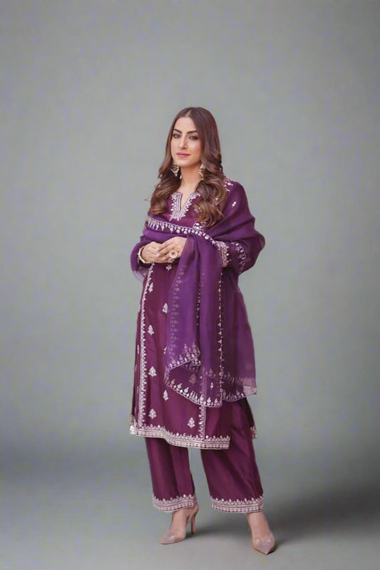 Chanderi Suit with Embroidered Pants and Dupatta