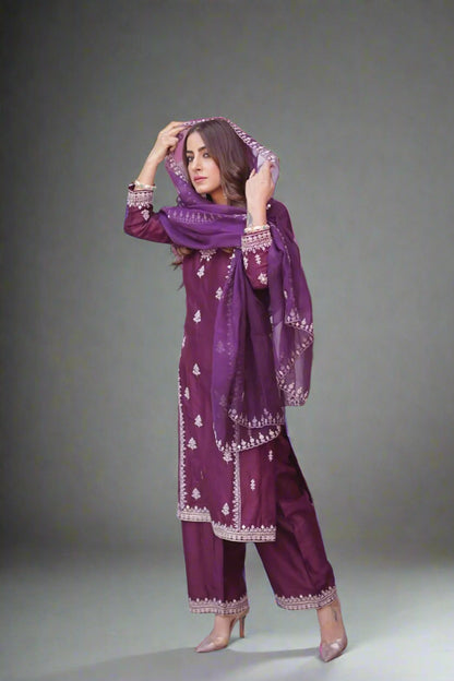 Chanderi Suit with Embroidered Pants and Dupatta