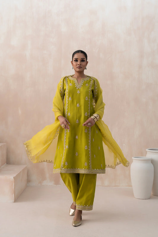 Chanderi Suit with Embroidered Pants and Dupatta